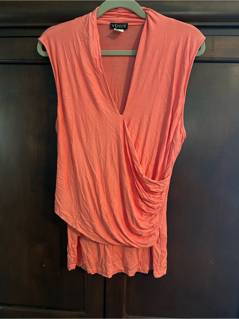 VENUS Coral-Orange Draped V-Neck Sleeveless Top